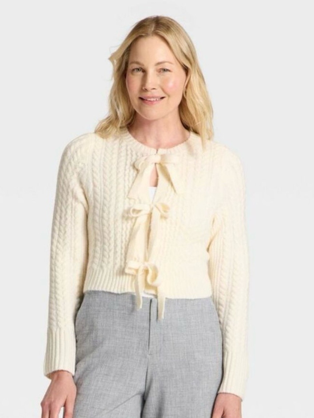 a new day Cream Cable-Knit Tie-Front Cardigan size small
